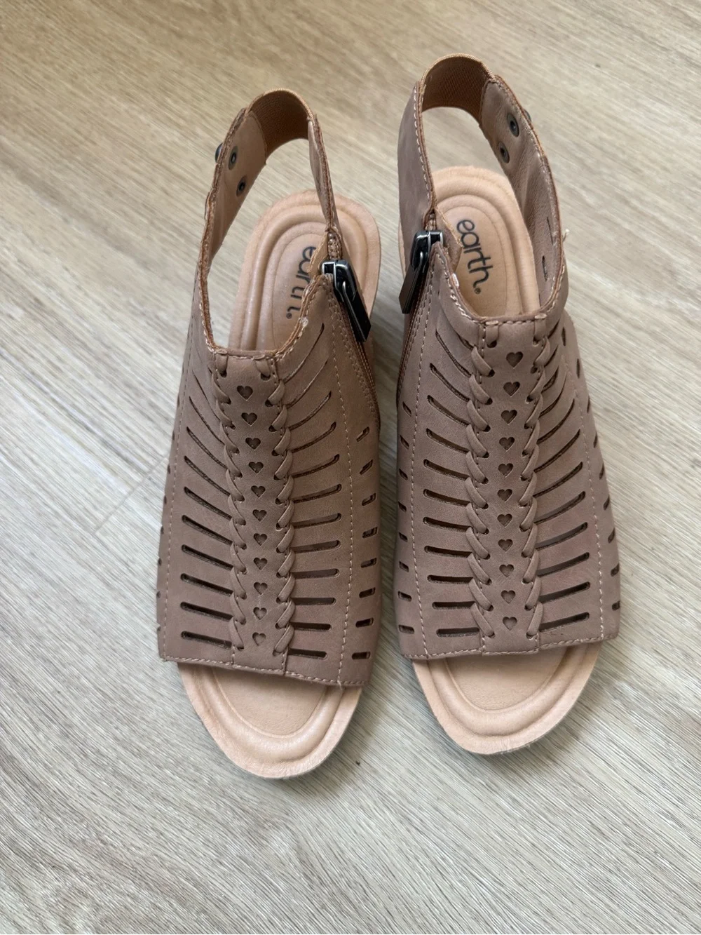 Earth Tan Cutout Wedge Sandals with Side Zip